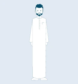 الثقة بالنفس والرجولة, النظر إلى الكاميرا بإيماءات السرور والسعادة, رجل عربي خليجي سعودي يرتدي الثوب التقليدي ويقف باستقامة، صورة الجسم بالطول الكامل، خلفية رمادية، فيكتور اليستريتور