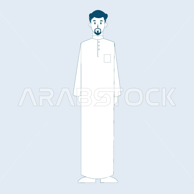 Concept of self-confidence and masculinity, looking at camera with gestures of pleasure and happiness, Saudi Arabian Gulf man wearing traditional thobe and standing straight, full body portrait, gray background, vector illustrator
