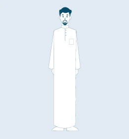 مفهوم الثقة بالنفس والرجولة, النظر إلى الكاميرا بإيماءات السرور والسعادة, رجل عربي خليجي سعودي يرتدي الثوب التقليدي ويقف باستقامة، صورة الجسم بالطول الكامل، خلفية رمادية، فيكتور اليستريتور