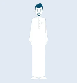 Looking at camera with gestures of pleasure and happiness, concept of self-confidence and masculinity, Saudi Arabian Gulf man wearing traditional thobe and standing straight, full body portrait, gray background, vector illustrator