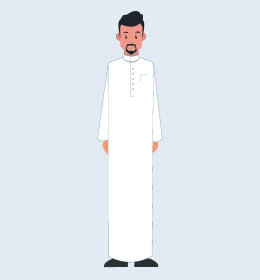 مفهوم الثقة بالنفس والرجولة, رجل عربي خليجي سعودي يرتدي الثوب التقليدي ويقوم بالنظر الى الكاميرا ويقف باستقامة، صورة الجسم بالطول الكامل، خلفية رمادية، فيكتور اليستريتور