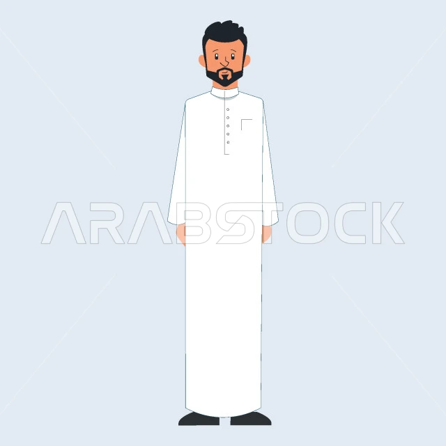 النظر الى الكاميرا والوقوف باستقامة، مفهوم الثقة بالنفس والرجولة, رجل عربي خليجي سعودي يرتدي الثوب التقليدي، صورة الجسم بالطول الكامل، خلفية رمادية، فيكتور اليستريتور