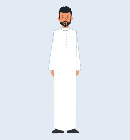 Looking at camera and standing straight, concept of self-confidence and masculinity, Saudi Arabian Gulf man wearing traditional thobe, full body portrait, gray background, vector illustrator