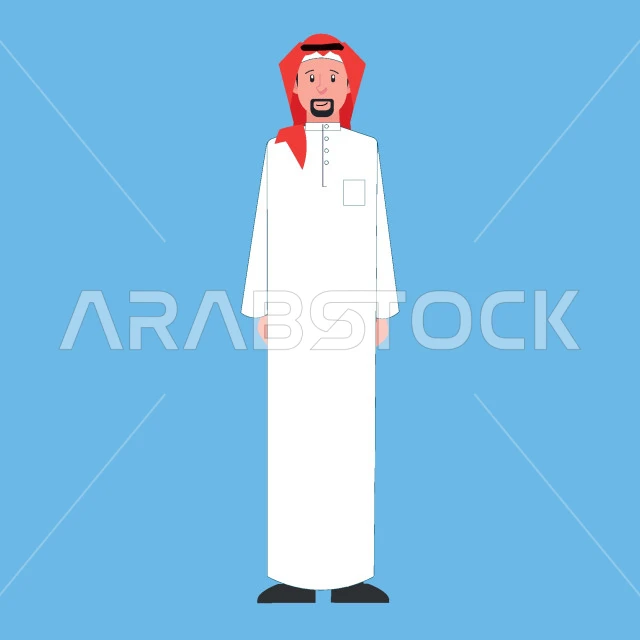 مفهوم الثقة بالنفس والرجولة, الوقوف باستقامة والنظر الى الكاميرا، رجل عربي خليجي سعودي يرتدي الثوب التقليدي والشماغ، صورة الجسم بالطول الكامل، خلفية زرقاء، فيكتور اليستريتور