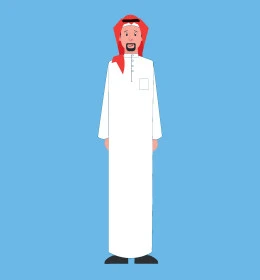 Concept of self-confidence and masculinity, standing straight and looking at camera, Saudi Arabian Gulf man wearing traditional thobe and shemagh, full body portrait, blue background, vector illustrator