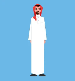 Saudi Arabian Gulf man wearing traditional thobe and shemagh, concept of self-confidence and masculinity, standing straight and looking at camera, full body portrait, blue background, vector illustrator