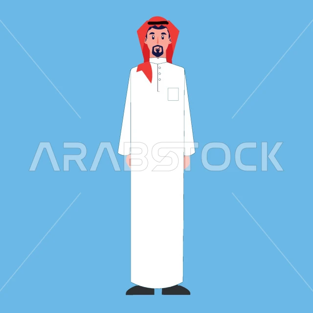 Standing straight and looking at camera, Saudi Arabian Gulf man wearing traditional thobe and shemagh, concept of self-confidence and masculinity, full body portrait, blue background, vector illustrator