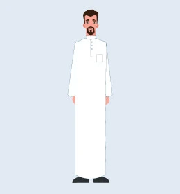 الوقوف باستقامة والنظر الى الكاميرا، رجل عربي خليجي سعودي يرتدي الثوب التقليدي، مفهوم الثقة بالنفس والرجولة, صورة الجسم بالطول الكامل، خلفية رمادية، فيكتور اليستريتور