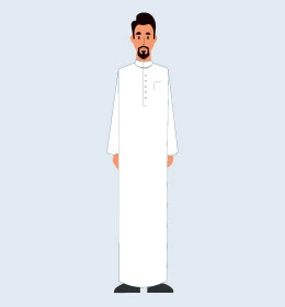 Standing straight and looking at camera, Saudi Arabian Gulf man wearing traditional thobe, concept of self-confidence and masculinity, full body portrait, gray background, vector illustrator