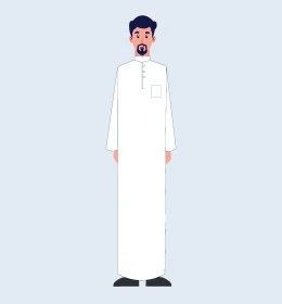 النظر الى الكاميرا و الوقوف باستقامة، رجل عربي خليجي سعودي يرتدي الثوب التقليدي، مفهوم الثقة بالنفس والرجولة, صورة الجسم بالطول الكامل، خلفية رمادية، فيكتور اليستريتور