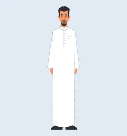 Looking at camera and standing straight, Saudi Arabian Gulf man wearing traditional thobe, concept of self-confidence and masculinity, full body portrait, gray background, vector illustrator