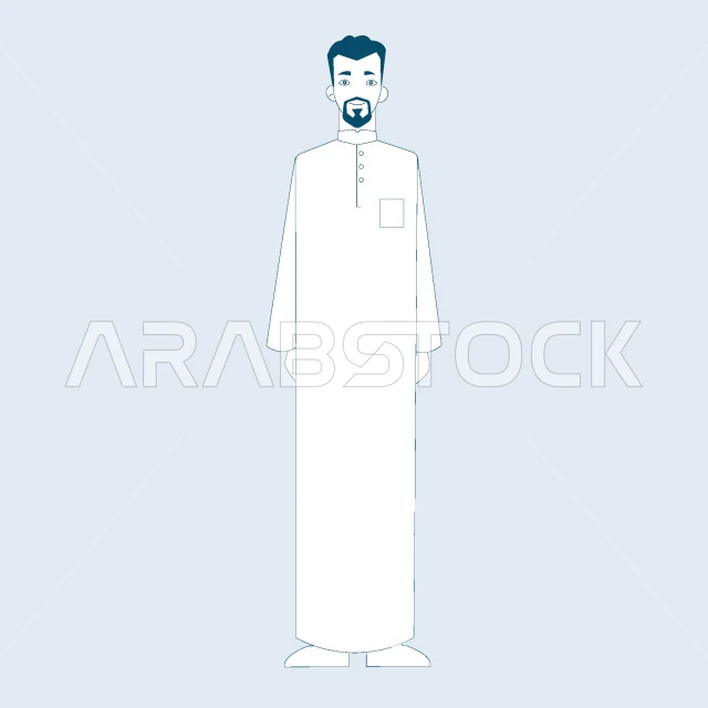 مفهوم الثقة بالنفس والرجولة, النظر الى الكاميرا و الوقوف باستقامة، رجل عربي خليجي سعودي يرتدي الثوب التقليدي، صورة الجسم بالطول الكامل، خلفية رمادية، فيكتور اليستريتور