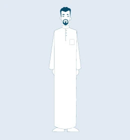 Concept of self-confidence and masculinity, looking at camera and standing straight, Saudi Arabian Gulf man wearing traditional thobe, full body portrait, gray background, vector illustrator