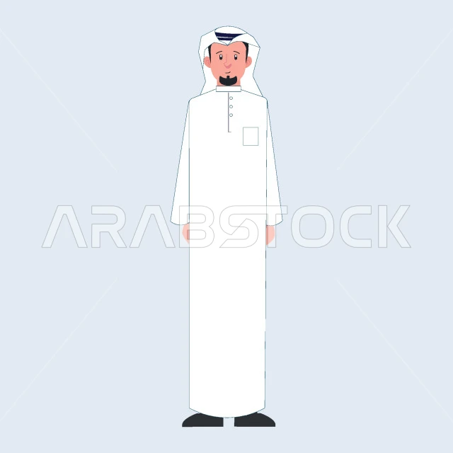 الاهتمام بالاناقة والمظهر الخارجي، مفهوم الثقة بالنفس والرجولة, رجل عربي خليجي سعودي يرتدي الثوب التقليدي والغترة يقف باستقامة وينظر الى الكاميرا، صورة الجسم بالطول الكامل، خلفية رمادية، فيكتور اليستريتور