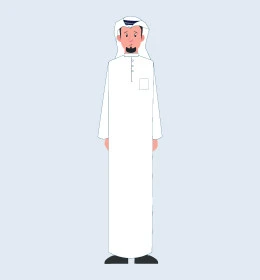 Concern for elegance and appearance, concept of self-confidence and masculinity, Saudi Arabian Gulf man wearing traditional thobe and ghutra standing straight and looking at camera, full body portrait, gray background, vector illustrator