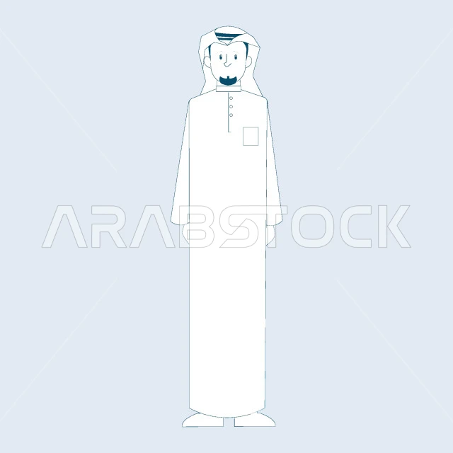 Elegance and attention to appearance, concept of self-confidence and masculinity, Saudi Arabian Gulf man wearing traditional thobe and ghutra standing straight and looking at camera, full body image, gray background, vector illustrator