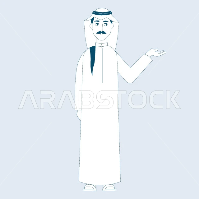 Concern for elegance and appearance, concept of self-confidence and masculinity, Saudi Arabian Gulf man wearing traditional thobe and ghutra standing straight and looking at camera, full body portrait, gray background, vector illustrator