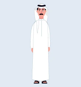 Concept of self-confidence and masculinity, interest in elegance and appearance, Saudi Arabian Gulf man wearing traditional thobe and ghutra standing straight and looking at camera, full body image, gray background, vector illustrator