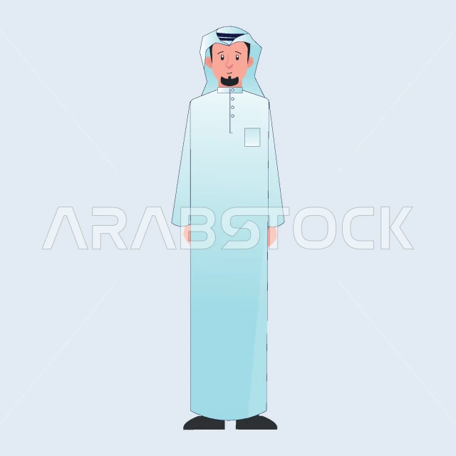 مفهوم الثقة بالنفس والرجولة, الاهتمام بالاناقة والمظهر الخارجي، رجل عربي خليجي سعودي يرتدي الثوب التقليدي والغترة يقف باستقامة وينظر الى الكاميرا، صورة الجسم بالطول الكامل، خلفية رمادية، فيكتور اليستريتور