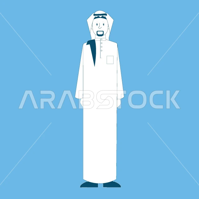 Self-confidence and masculinity, interest in elegance and appearance, Saudi Arabian Gulf man wearing traditional thobe and ghutra standing straight and looking at camera, full body image, blue background, vector illustrator