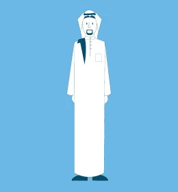 Self-confidence and masculinity, interest in elegance and appearance, Saudi Arabian Gulf man wearing traditional thobe and ghutra standing straight and looking at camera, full body image, blue background, vector illustrator