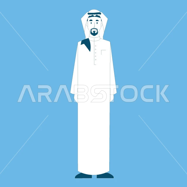 Concern for elegance and appearance, Saudi Arabian Gulf man wearing traditional thobe and ghutra standing straight and looking at camera, concept of masculinity and self-confidence, full body image, blue background, vector illustrator