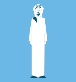 Concern for elegance and appearance, Saudi Arabian Gulf man wearing traditional thobe and ghutra standing straight and looking at camera, concept of masculinity and self-confidence, full body image, blue background, vector illustrator