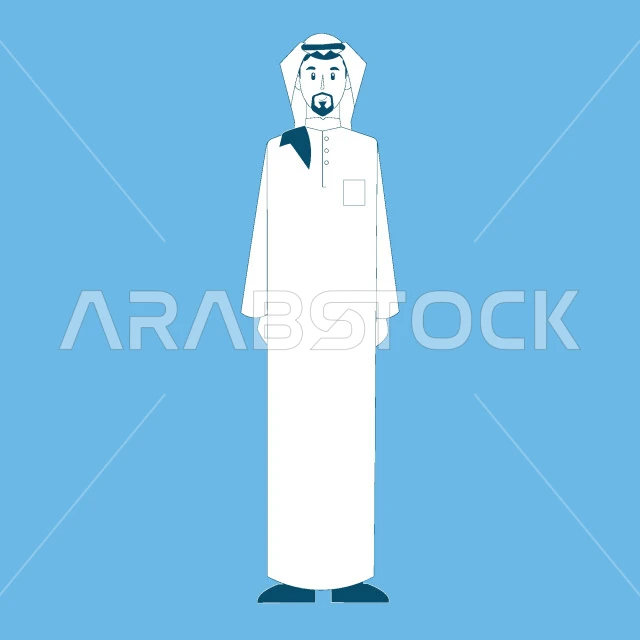 Concept of masculinity and self-confidence, interest in elegance and appearance, Saudi Arabian Gulf man wearing traditional thobe and ghutra standing straight and looking at camera, full body image, blue background, vector illustrator