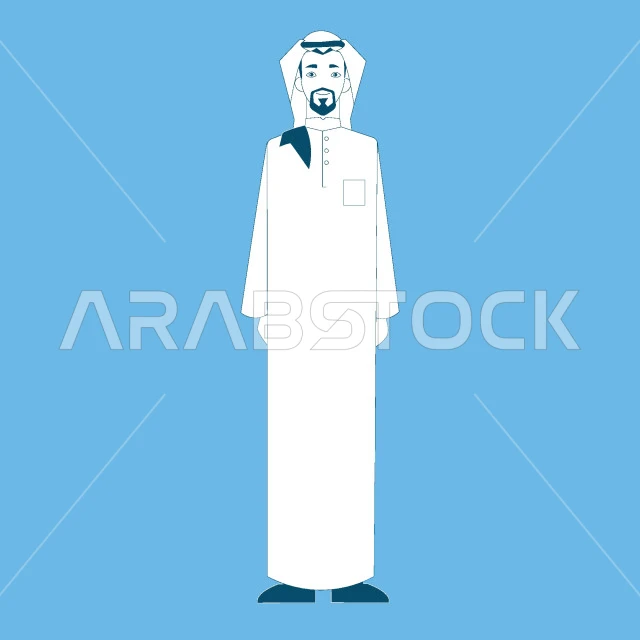 Concern for elegance and appearance, Saudi Arabian Gulf man wearing traditional thobe and ghutra standing straight and looking at camera, concept of masculinity and self-confidence, full body image, blue background, vector illustrator