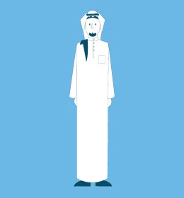 Saudi Arabian Gulf man wearing traditional thobe and ghutra standing straight and looking at camera, concept of masculinity and self-confidence, interest in elegance and appearance, full body image, blue background, vector illustrator