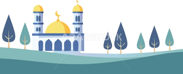 تصاميم ورسومات دينية واسلامية, مفهوم العبادة والتقرب الى الله تعالى, لوغو لمسجد اسلامي وسط الطبيعة, الاستعداد لاستقبال شهر رمضان المبارك, خلفية بيضاء, فيكتور اليستريتور
