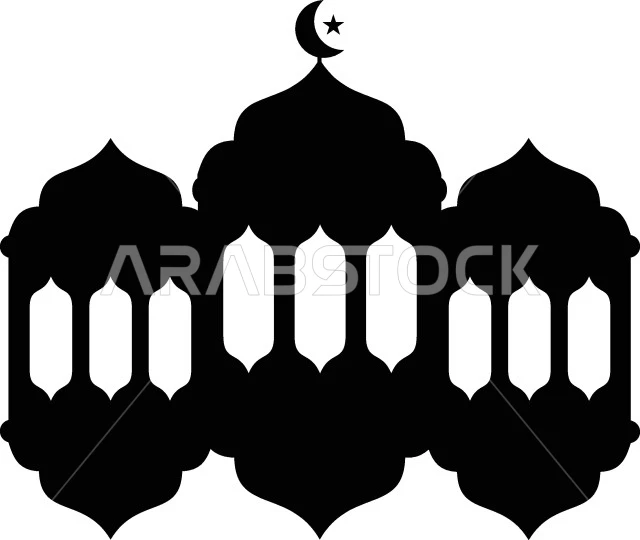 مجموعة من الفوانيس المزخرفة باللون الأسود، ديكورات وزخارف شهر رمضان المبارك، الأجواء الروحانية الرمضانية، خلفية بيضاء، فيكتور اليستريتور
