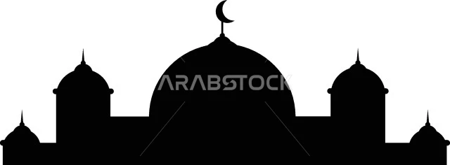 رسومات وتصاميم دينية واسلامية, مفهوم العبادة والتقرب الى الله تعالى, لوغو لمسجد اسلامي باللون الأسود, الاستعداد لاستقبال شهر رمضان المبارك, خلفية بيضاء, فيكتور اليستريتور