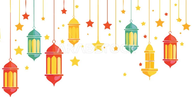 البهجة بقدوم شهر الخير، قالب تصميم اسلامي، رسوم توضيحية ثلاثية الأبعاد للنجوم والفوانيس المعدنية المضيئة الملونة، ديكورات رمضان المبارك، المناسبات والأعياد الدينية الاسلامية، خلفية بيضاء, فيكتور اليسريتور
