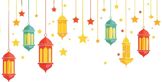 Joy of the coming of the month of goodness, Islamic design template, 3D illustration of colorful illuminated metal stars and lanterns, Ramadan Mubarak decorations, Islamic religious occasions and holidays, white background, vector illustrator