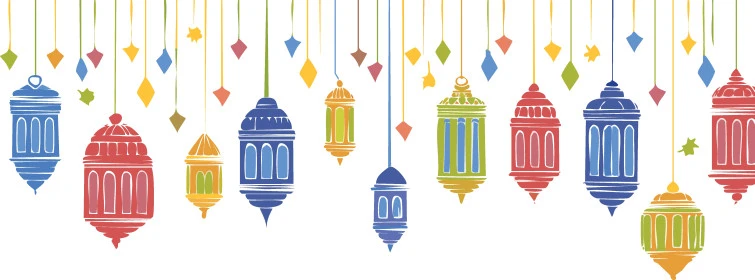 رسوم توضيحية ثلاثية الأبعاد للنجوم والفوانيس المعدنية الملونة، البهجة بقدوم شهر الخير، قالب تصميم اسلامي، ديكورات رمضان المبارك، المناسبات والأعياد الدينية الاسلامية، خلفية بيضاء, فيكتور اليسريتور