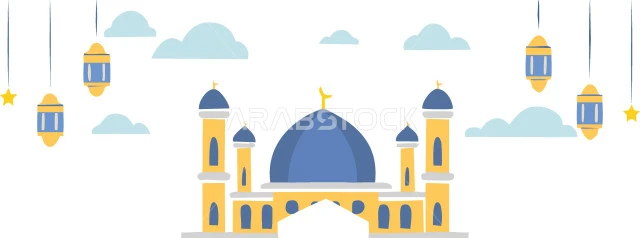 قوالب تصميم دينية رمضانية، مفهوم العبادة والتقرب إلى الله تعالى, رسوم توضيحية ثلاثية الابعاد لمسجد اسلامي مع زينة رمضان, نداء المسلمين لآداء الصلوات والعبادات, خلفية بيضاء, فيكتور اليسريتور