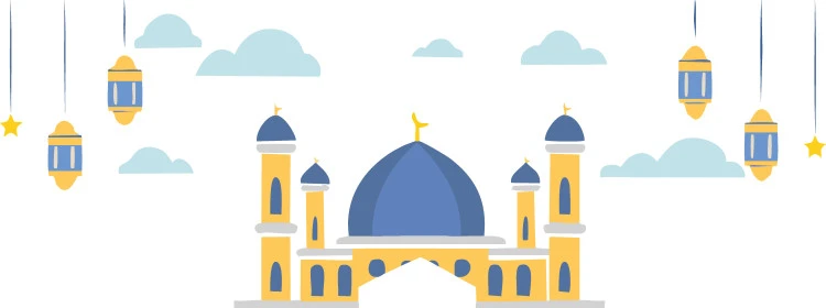 قوالب تصميم دينية رمضانية، مفهوم العبادة والتقرب إلى الله تعالى, رسوم توضيحية ثلاثية الابعاد لمسجد اسلامي مع زينة رمضان, نداء المسلمين لآداء الصلوات والعبادات, خلفية بيضاء, فيكتور اليسريتور