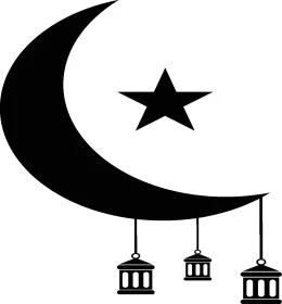 هلال وفوانيس الاعياد الاسلامية باللون الأسود, قالب تصميم رمضاني, أجواء روحانية دينية, استعداد المسلمين لاستقبال شهر رمضان المبارك, ديكورات وزينة المناسبات السعيدة، خلفية بيضاء, فيكتور اليستريتور