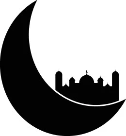 رسومات وتصاميم دينية واسلامية, مفهوم العبادة والتقرب الى الله تعالى, هلال رمضان المبارك ومسجد اسلامي باللون الأسود, الاستعداد لاستقبال شهر الخير، خلفية بيضاء, فيكتور اليستريتور