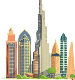 Architectural art of towers and skyscrapers in the United Arab Emirates, the distinctive design of Burj Khalifa, the growth and urban development of the city of Dubai, white background, vector illustrator