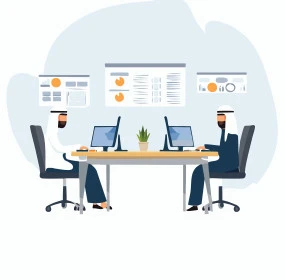 العمل في الشركات الخليجية الفاخرة, رجلا أعمال عربيان خليجيان يجلسان في المكتب ويقومان بالعمل على أجهزة الحاسوب المحمول، إنجاز مهام العمل اليومية, خلفية بيضاء، فيكتور اليستريتور