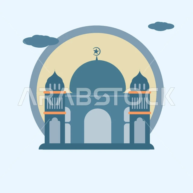 مفهوم العبادة والتقرب إلى الله تعالى, قوالب تصميم دينية رمضانية، رسوم توضيحية ثلاثية الابعاد لمسجد اسلامي, نداء المسلمين لآداء الصلوات والعبادات, خلفية زرقاء, فيكتور اليسريتور