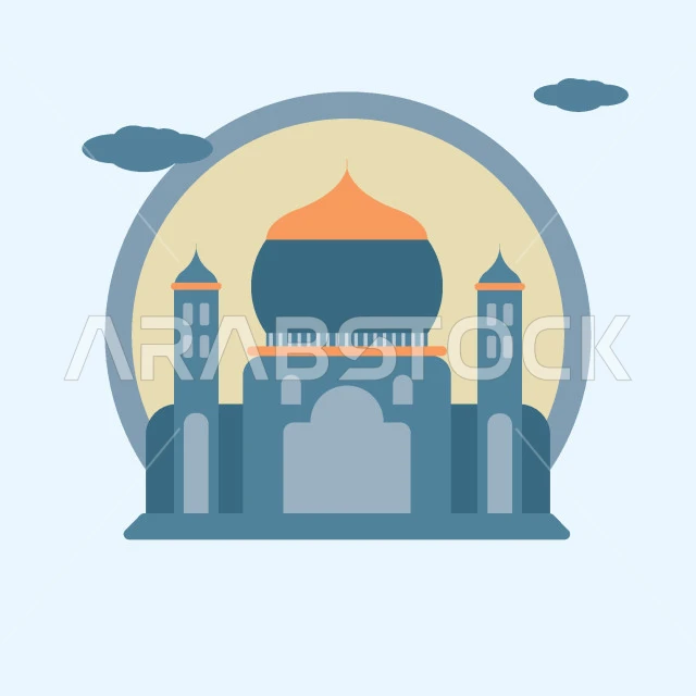 مفهوم العبادة والتقرب إلى الله تعالى, قوالب تصميم دينية رمضانية، رسوم توضيحية ثلاثية الابعاد لمسجد اسلامي, نداء المسلمين لآداء الصلوات والعبادات, خلفية زرقاء, فيكتور اليسريتور