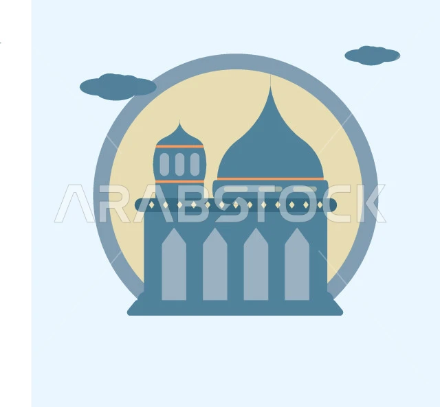 رسوم توضيحية ثلاثية الابعاد لمسجد اسلامي, مفهوم العبادة والتقرب إلى الله تعالى, قوالب تصميم دينية رمضانية، نداء المسلمين لآداء الصلوات والعبادات, خلفية زرقاء, فيكتور اليسريتور
