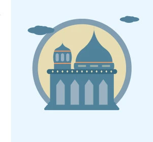 رسوم توضيحية ثلاثية الابعاد لمسجد اسلامي, مفهوم العبادة والتقرب إلى الله تعالى, قوالب تصميم دينية رمضانية، نداء المسلمين لآداء الصلوات والعبادات, خلفية زرقاء, فيكتور اليسريتور