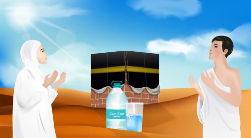 Performing Hajj and Umrah rituals, Muslims coming from all over the world to perform worship and duties, sacred Islamic landmarks, illustrations of a Saudi Arabian Gulf man wearing Ihram clothes with a veiled woman raising their hands to supplicate and pray to Allah, Kaaba background and Zamzam water. Vector Illustrator