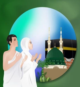 Muslims coming from all over the world to perform their religious duties, performing Hajj and Umrah rituals, sacred Islamic landmarks, illustrations of a Saudi Arabian Gulf man wearing Ihram clothes with a veiled woman raising their hands to supplicate and pray to Allah, Kaaba and green dome background. Vector Illustrator