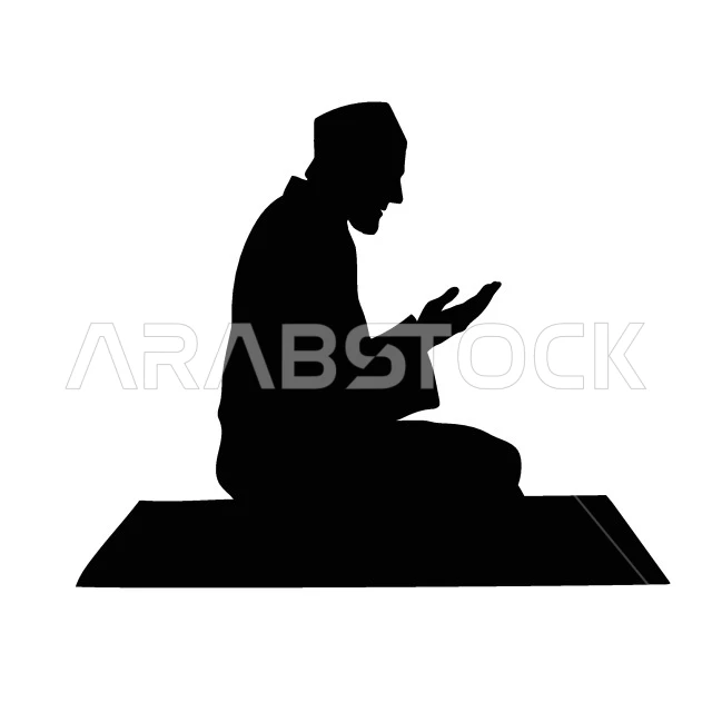 The concept of getting closer to God Almighty, commitment to religious worship and duties, drawings of a Muslim character in black, a side view of a Saudi Arabian Gulf man performing prayer and raising his hands to supplicate and beseech God with supplication, white background, vector illustrator