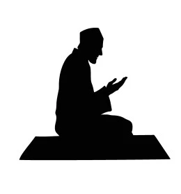 The concept of getting closer to God Almighty, commitment to religious worship and duties, drawings of a Muslim character in black, a side view of a Saudi Arabian Gulf man performing prayer and raising his hands to supplicate and beseech God with supplication, white background, vector illustrator